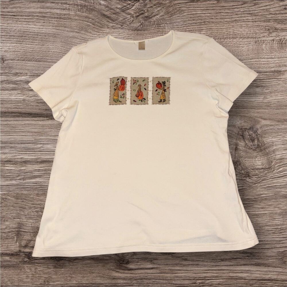 Vintage Christopher & Banks Short Sleeve Fall Cat Halloween Shirt Size Large